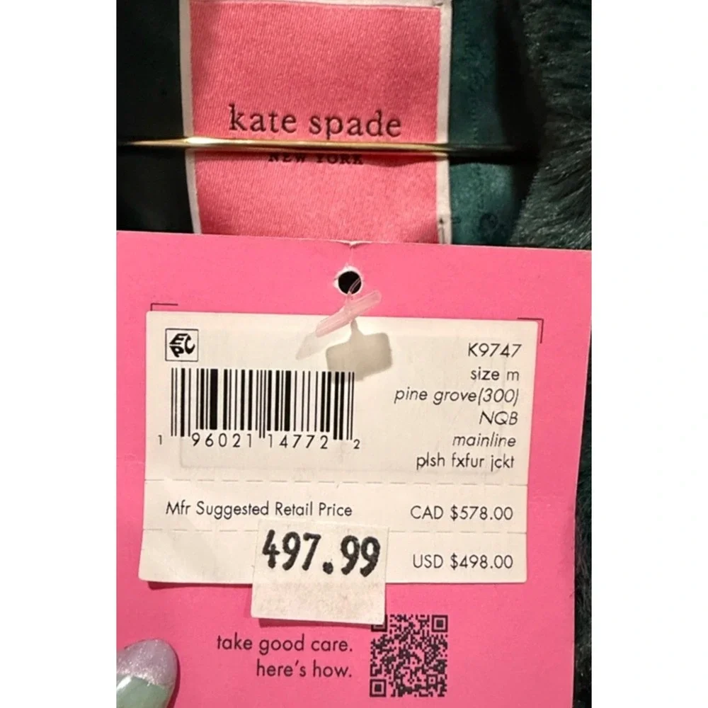 Kate Spade Pine Grove Plush Sz M Faux Fur Jacket Emerald Green Coat K9747 NEW